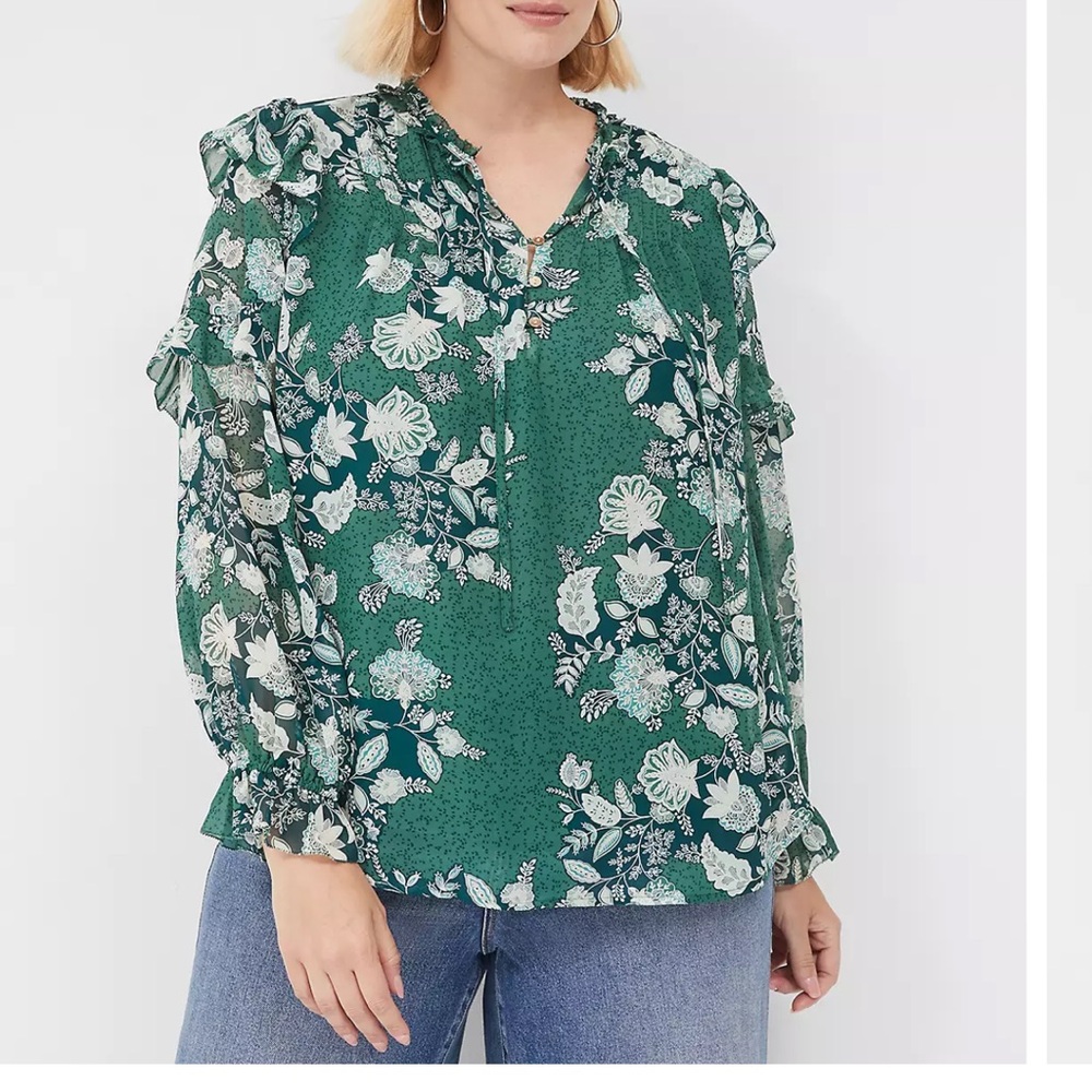 Lane Bryant Split-Neck Popover Blouse Green Floral Size 22  Long Sleeve